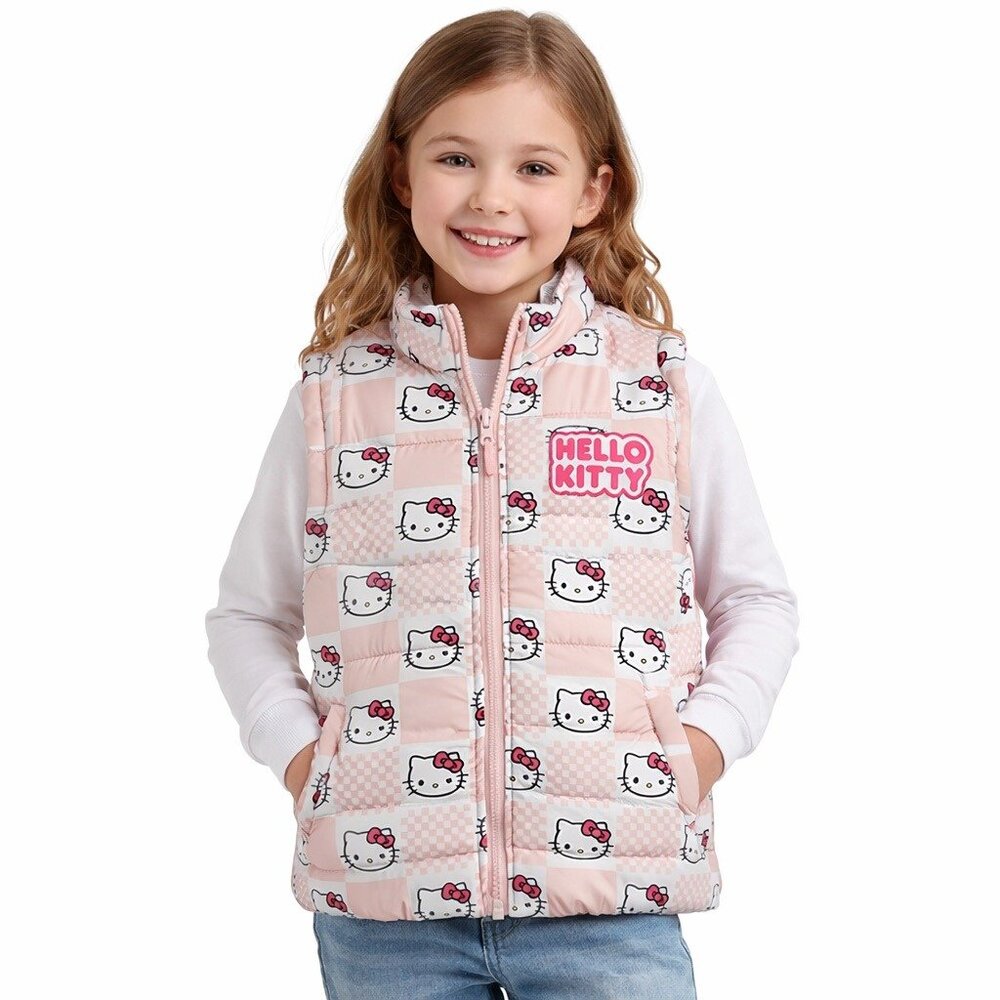 NWT Hello Kitty Girls Pink All Over Print Puffer Vest Large